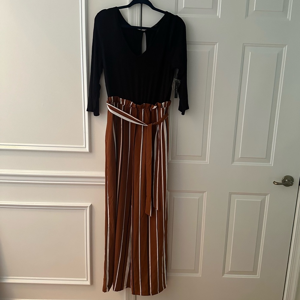 Lily Black Jumpsuit with Black top and Brown Striped Pants